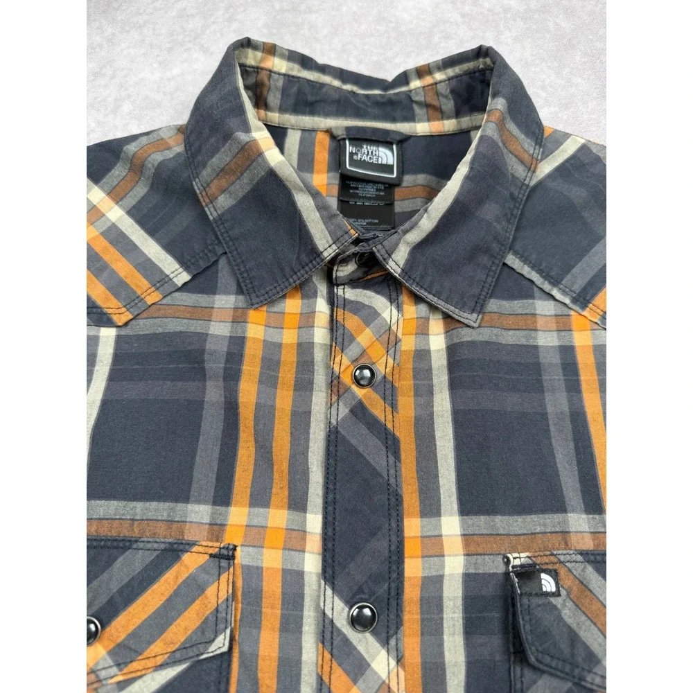 The North Face Mens M Plaid Western Snap Short Sleeve Shirt Black Gray Orange